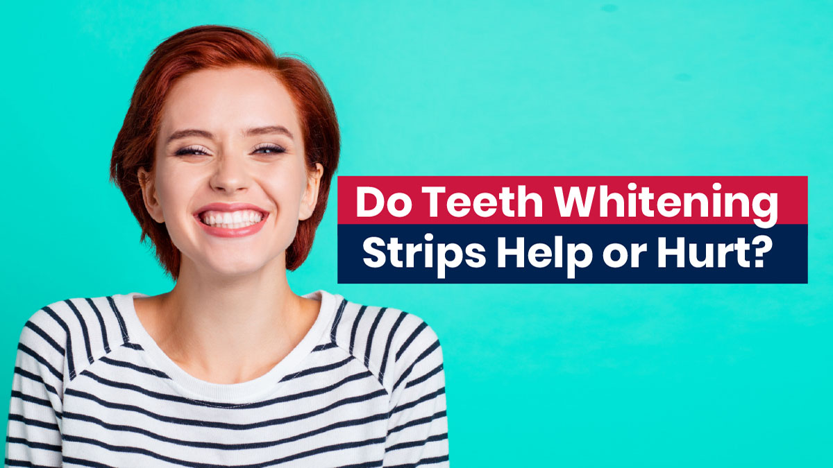 Woman with teeth whitening strips